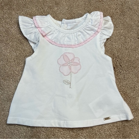 Mayoral Pink Embroidered Flowers Ruffles Blouse Eyelet Shorts Set 1-2 Months - Picture 6 of 7